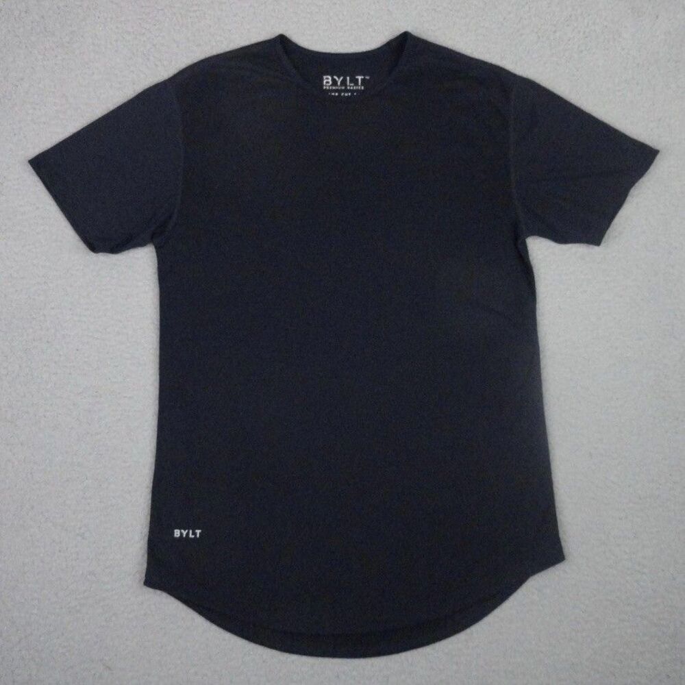 BYLT Drop Cut Shirt Mens Small Navy Short Sleeve Tee Curved Hem Stretch Preppy